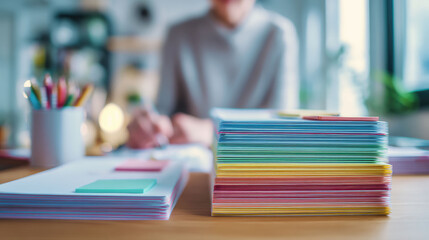 Vertical close-up of a neat stack of colorful paper and notes on a wooden desk, with a person working in the blurred background