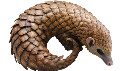 Isolated pangolin curled up showing its scales and head on a black background in a studio shot