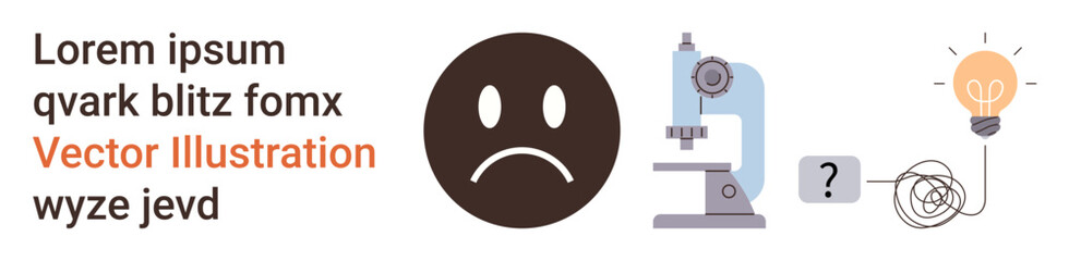 Problem-solving, research, scientific study, brainstorming, knowledge, innovation. Sad face next to a microscope and lightbulb. Problem-solving and research concept