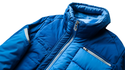 Close up of a bright blue puffer jacket with a silver zipper and a high collar on a dark background