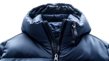 A close up of a navy blue puffer jacket with a zipper and a high collar on a black background