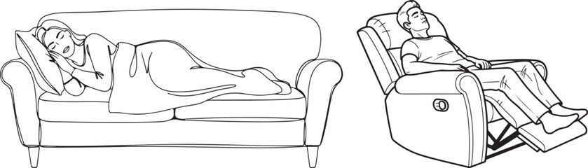 Monochrome Line Art Vector Illustration of People Relaxing on Comfortable Furniture