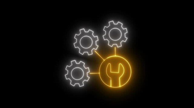 Animation of neon line cogwheel with forward arrow. Concept for growth and success business backgroung. four gears working together glowing on a black background. 