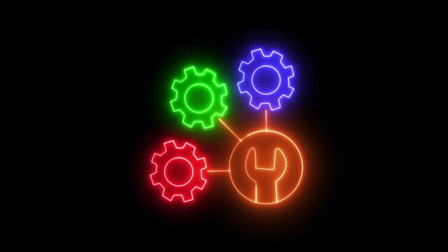 Animation of neon line cogwheel with forward arrow. Concept for growth and success business backgroung. four gears working together glowing on a black background. 