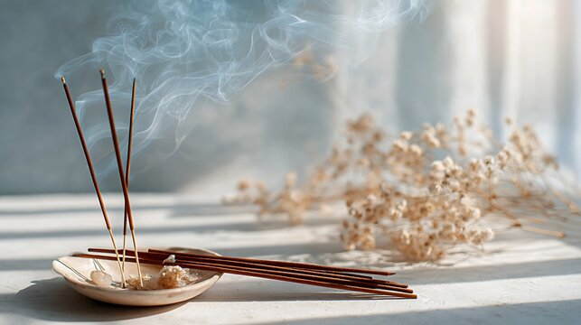 Incense sticks burning in a ceramic dish with smoke and flowers.