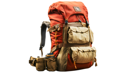 A detailed view of a large hiking backpack with multiple pockets and a sturdy frame design shown isolated