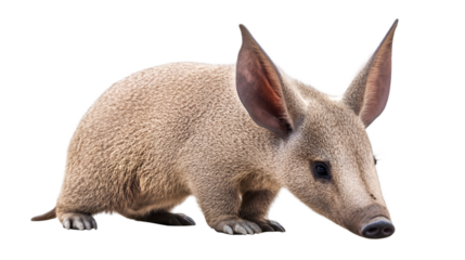 Isolated aardvark standing with large ears and long snout on a black background looking down