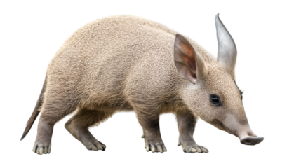 Aardvark standing on all fours with a long snout and large ears on a black background looking down