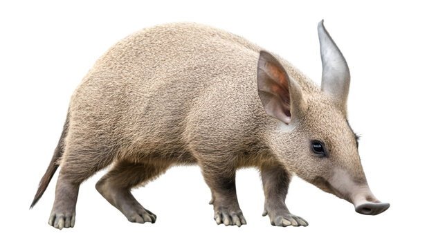 Aardvark standing on all fours with a long snout and large ears on a black background looking down