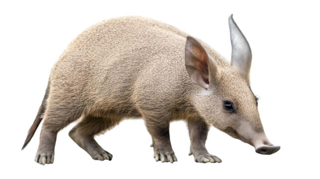 Aardvark standing on all fours with a long snout and large ears on a black background looking down
