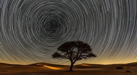 "A long exposure photograph capturing stunning circular star trails dominating a dark night sky above a vast desert landscape. In the foreground, a solitary, dark silhouette of an Acacia tree stands a