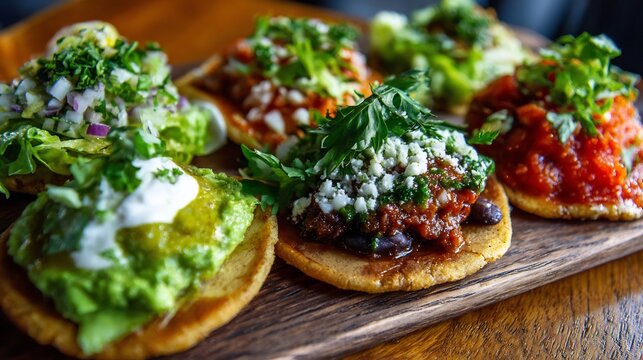 Colorful spread of Mexican antojitos including sope gordita huarache flauta each garnished with fresh lettuce crema and salsa verde