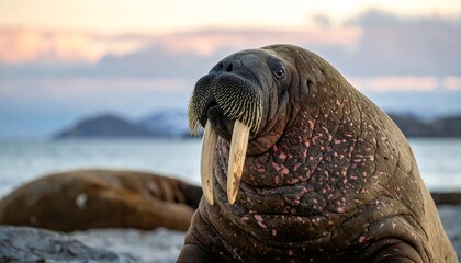 A majestic marine mammal, with distinctive tusks and textured skin, rests on a sandy shore under a pastel sky