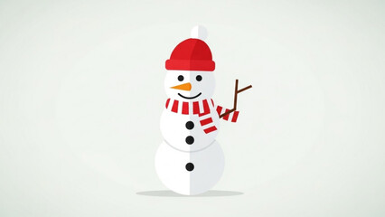 A cheerful cartoon snowman wearing a red knitted hat and a striped red and white scarf stands against a pale grey background with a subtle shadow