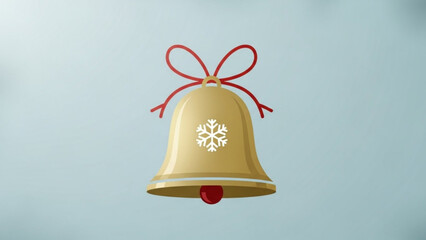 A festive golden christmas bell adorned with a white snowflake and tied with a red ribbon bow isolated on a pale blue background