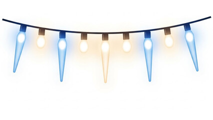 Festive string lights featuring a mix of warm incandescent bulbs and cool blue icicle shaped lights draped across a dark wire on a white background