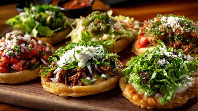 Colorful spread of Mexican antojitos including sope gordita huarache flauta each garnished with fresh lettuce crema and salsa verde
