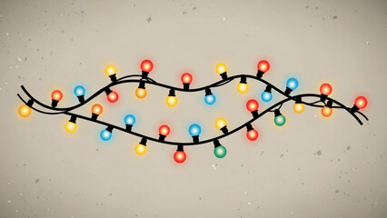 A string of colorful festive christmas lights with red yellow blue and green bulbs glowing brightly against a textured neutral background