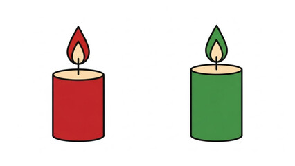 Two lit candles one red and one green with simple flames and a white background representing holidays and celebrations