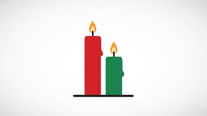 Two lit kwanzaa candles one red and one green stand side by side on a black candle holder against a clean white background symbolizing unity and celebration