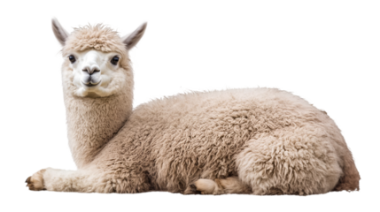 A fluffy light brown alpaca lying down with its head up looking forward on a black background