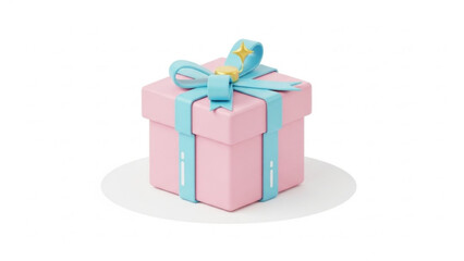 A charming 3d illustration of a pastel pink gift box adorned with a light blue ribbon and a golden star accent perfect for celebrations