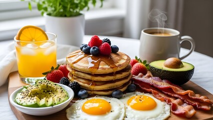 Breakfast spread pancakes bacon eggs and fruit