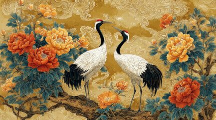 Naklejka premium Traditional Chinese painting with cranes and peonies in a beautiful setting