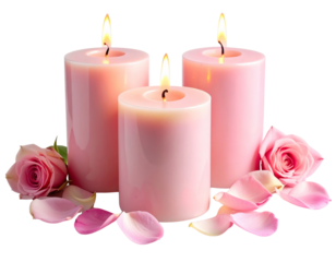 Romantic Pink Candle Trio with Soft Rose Petal Arrangement PNG