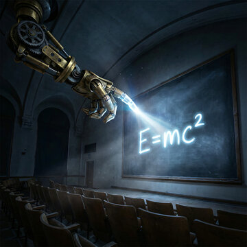 Futuristic robotic arm writing the famous E=mc&sup2; formula with glowing chalk on blackboard in vintage classroom. Concept of AI, science and technology