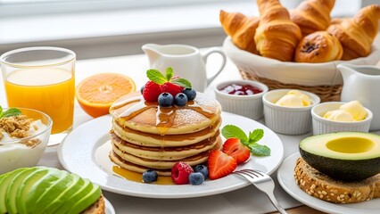 Breakfast spread with pancakes croissants and fruit