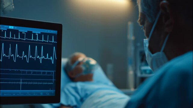 Doctor monitoring ECG while observing patient in hospital room  