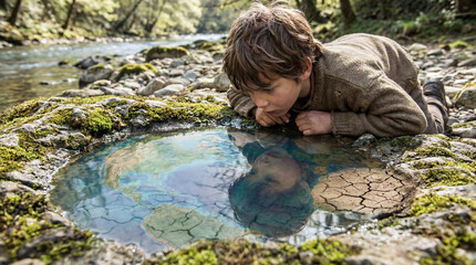 Child Looking at Earth-Colored Reflection in Water &mdash; Global Water Crisis Concept