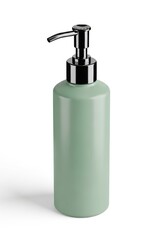 Green cosmetic pump bottle with chrome dispenser on clean white background
