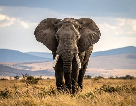 A majestic, mature elephant stands facing forward in an open savanna, ears spread, tusks visible, with a mountainous background