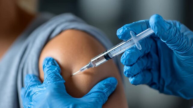 Healthcare professional administering vaccination to patient&rsquo;s arm  