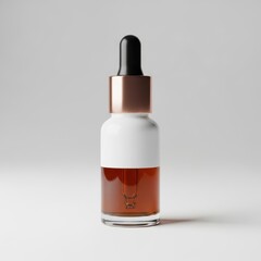 Glass cosmetic dropper bottle with copper cap and white label on soft light background
