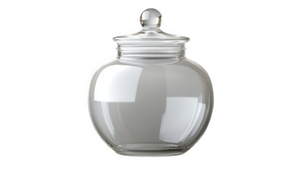 A clear glass jar with a rounded body and a lid with a spherical knob on top isolated on black background on transparent background