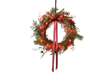 Classic christmas wreath, glowing red lights, elegant red ribbon