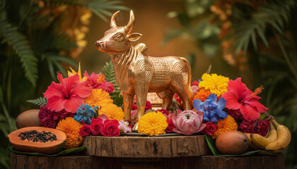 Golden Calf Statuette Glistening Under Sunlight Symbolizing Abundance and Reverence