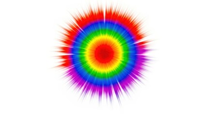 A vibrant, radial burst of rainbow colors with a red center and radiating spikes on a white background.