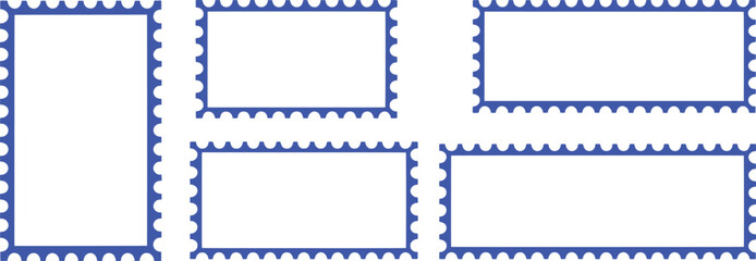 Collection of Blue Perforated Stamp Frames on White Background