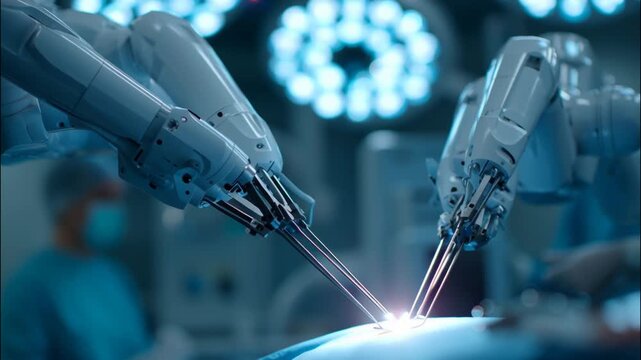 Robotic arms performing surgical procedures in modern operating room  