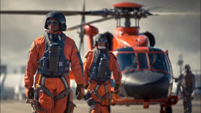 Rescue workers walking towards a helicopter on the runway