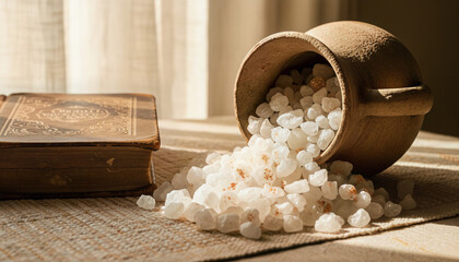 Ancient Ceramic Container Filled with Luminous Manna and Old Testament Book Still Life