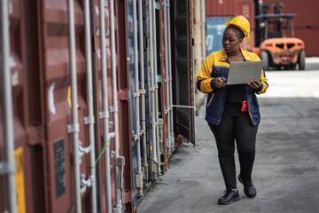 African woman logistics workers use notebook computer checking container	