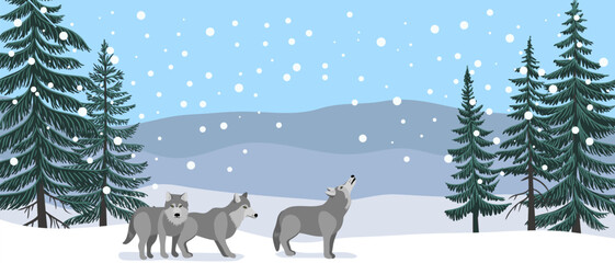 vector drawing winter landscape with wolves, snow and fir trees, hand drawn illustration,cover background