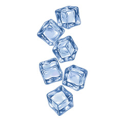 A stack of transparent ice cubes floating on a black background