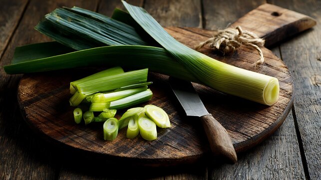 Fresh whole and sliced leeks on a rustic wooden cutting board