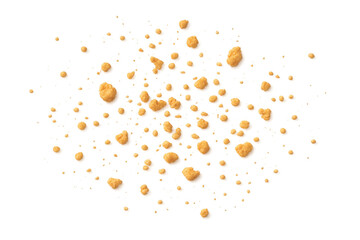 Cookie crumbs flying and falling, scattered biscuit pieces for baking, confectionery, and snack advertising with transparent background
